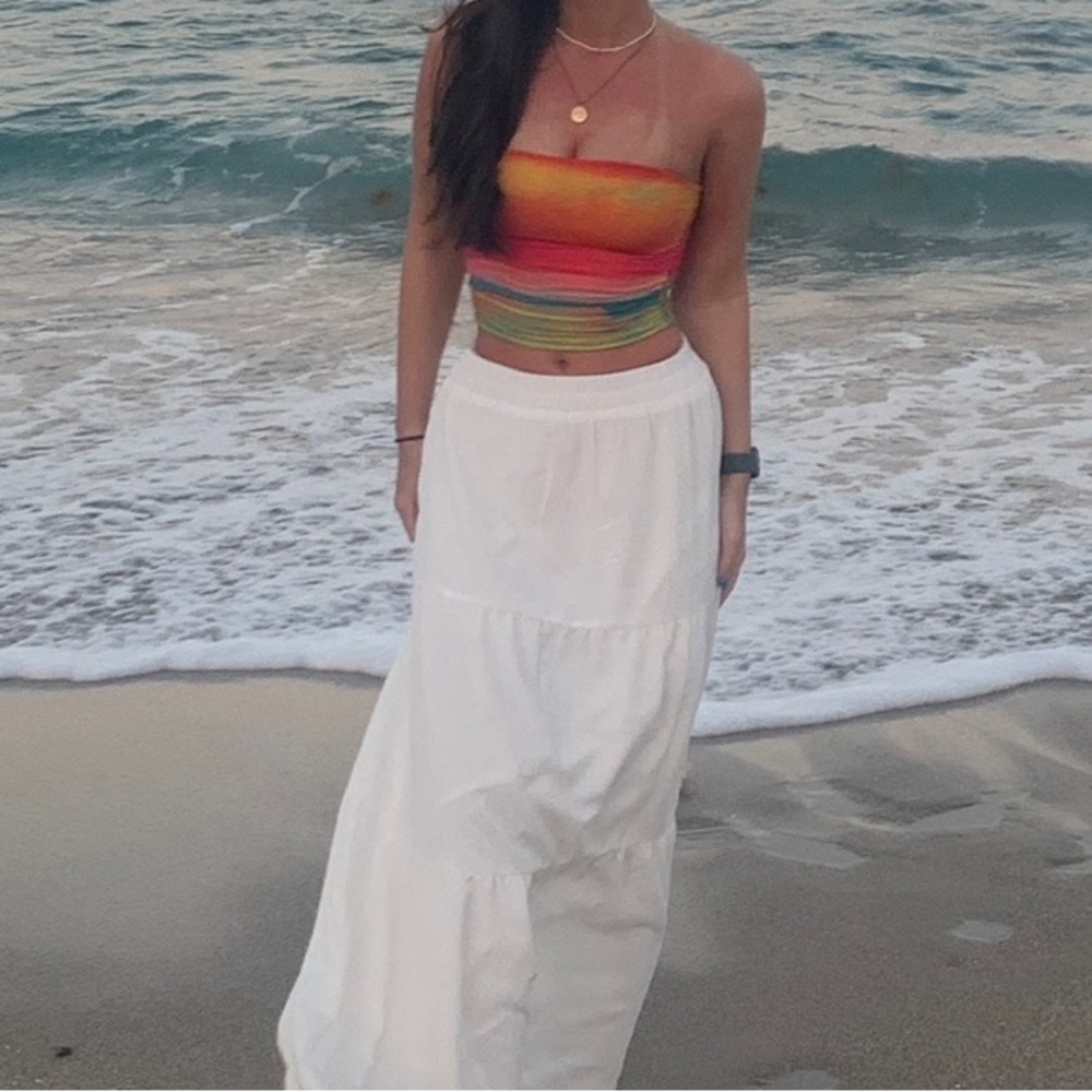 Women’s High Waist Pleated A Line Tiered White Maxi Skirt